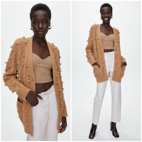 💕ARITZIA WILFRED💕 Alps Cardigan ~ Pom Pom Cable Knit Antique Beige Small - Picture 1 of 16